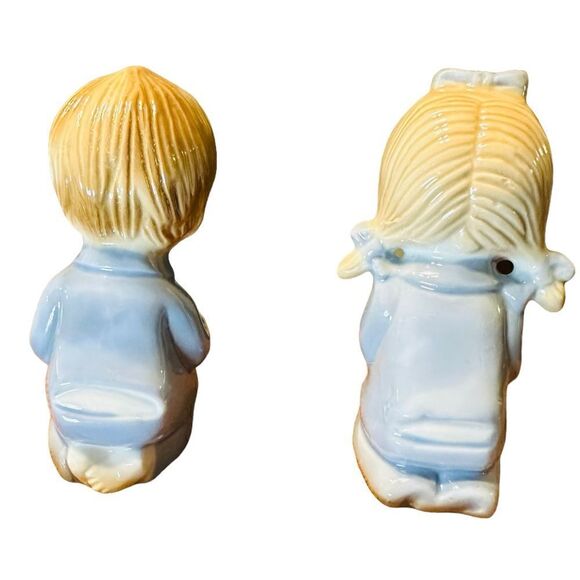 Vintage Blue Praying Children Ceramic Figurines Pair, Treasure Masters Korea - Picture 3 of 8